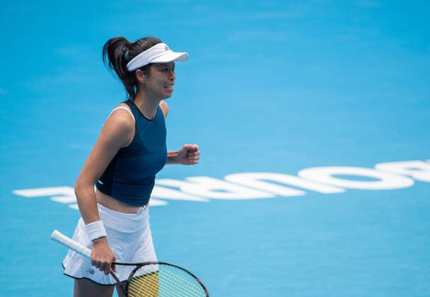 (210214) -- MELBOURNE, Feb. 14, 2021 -- Hsieh Su-Wei celebrates victory after the women s singles 4th round match between Hsieh Su-Wei of Chinese Taipei and Marketa Vondrousova of Czech Republic at the Australian Open 2021 tennis tournament in Melbourne Park, Melbourne, Australia, on Feb. 14, 2021. (Photo by Xinhua) (SP)AUSTRALIA-MELBOURNE-TENNIS-AUSTRALIAN OPEN-DAY 7 HuxJingchen 