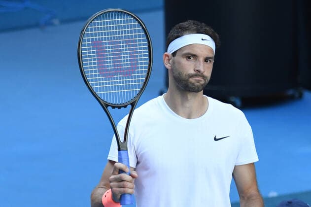 TENNIS AUSTRALIAN OPEN, Grigor Dimitrov of Bulgaria gestures after winning his fourth Round Men s singles match against Dominic Thiem of Austria on Day 7 of the Australian Open at Melbourne Park in Melbourne, Sunday, February 14, 2021. ( NO ARCHIVING, EDITORIAL USE ONLY, NO USE IN BOOKS WITHOUT CONSENT MELBOURNE VIC AUSTRALIA  Copyright: xDAVExHUNTx 20210214001520496210