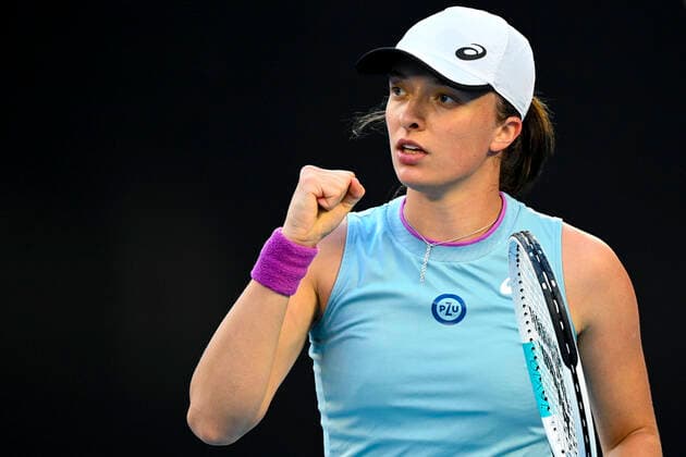TENNIS AUSTRALIAN OPEN, Iga Swiatek of Poland reacts during her fourth Round Women s singles match against Simona Halep of Romania on Day 7 of the Australian Open at Melbourne Park in Melbourne, Sunday, February 14, 2021. ( NO ARCHIVING, EDITORIAL USE ONLY, NO USE IN BOOKS WITHOUT CONSENT MELBOURNE VIC AUSTRALIA  Copyright: xDEANxLEWINSx 20210214001520499358