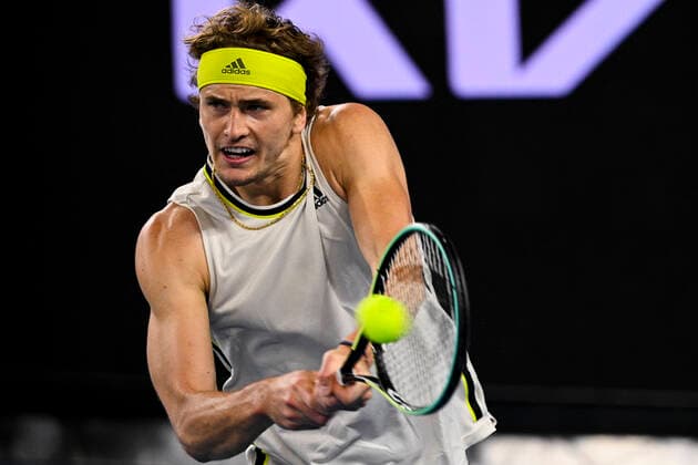 TENNIS AUSTRALIAN OPEN, Alexander Zverev of Germany in action during his fourth Round Men s singles match against Dusan Lajovic of Serbia on Day 7 of the Australian Open at Melbourne Park in Melbourne, Sunday, February 14, 2021. ( NO ARCHIVING, EDITORIAL USE ONLY, NO USE IN BOOKS WITHOUT CONSENT MELBOURNE VIC AUSTRALIA  Copyright: xDEANxLEWINSx 20210214001520516531