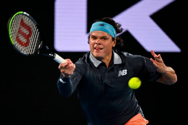 TENNIS AUSTRALIAN OPEN, Milos Raonic of Canada in action during his fourth Round Men s singles match against Novak Djokovic of Serbia on Day 7 of the Australian Open at Melbourne Park in Melbourne, Sunday, February 14, 2021. ( NO ARCHIVING, EDITORIAL USE ONLY, NO USE IN BOOKS WITHOUT CONSENT MELBOURNE VIC AUSTRALIA  Copyright: xDEANxLEWINSx 20210214001520518422