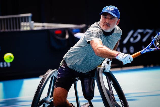 Stephane Houdet pictured in action during a tennis match between Belgian Joachim Gerard and French Stephane Houdet, in the quarttersfinals of the men s singles wheelchair competition of the Australian Open tennis Grand Slam, Sunday 14 February 2021 in Melbourne Park, Melbourne, Australia. PATRICKxHAMILTON  x2644454x