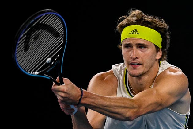 TENNIS AUSTRALIAN OPEN, Alexander Zverev of Germany in action during his fourth Round Men s singles match against Dusan Lajovic of Serbia on Day 7 of the Australian Open at Melbourne Park in Melbourne, Sunday, February 14, 2021. ( NO ARCHIVING, EDITORIAL USE ONLY, NO USE IN BOOKS WITHOUT CONSENT MELBOURNE VIC AUSTRALIA  Copyright: xDEANxLEWINSx 20210214001520522344