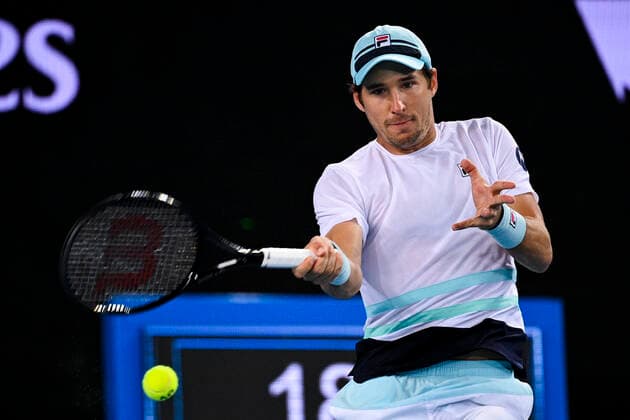 TENNIS AUSTRALIAN OPEN, Dusan Lajovic of Serbia in action during his fourth Round Men s singles match against Alexander Zverev of Germany on Day 7 of the Australian Open at Melbourne Park in Melbourne, Sunday, February 14, 2021. ( NO ARCHIVING, EDITORIAL USE ONLY, NO USE IN BOOKS WITHOUT CONSENT MELBOURNE VIC AUSTRALIA  Copyright: xDEANxLEWINSx 20210214001520522370