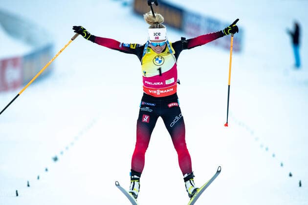 Bilder des Jahres 2021, Sport 02 Februar Sport Themen der Woche KW06 Sport Bilder des Tages BIATHLON - IBU World Championships Pokljuka 2021 POKLJUKA,SLOVENIA,14.FEB.21 - BIATHLON - IBU World Championships 2021, 10km pursuit, ladies. Image shows the rejoicing of Tiril Eckhoff (NOR). GEPAxpictures xMaticxKlansek