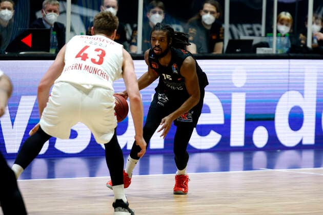14.02.2021, easyCredit Basketball Bundesliga, BBL, Saison 2020 2021, Herren, Chemnitz Niners - FC Bayern München Basketball Marcus Thornton, Niners Chemnitz Chemnitz Messe Chemnitz Sachsen Germany
