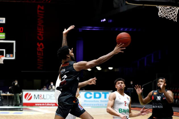 14.02.2021, easyCredit Basketball Bundesliga, BBL, Saison 2020 2021, Herren, Chemnitz Niners - FC Bayern München Basketball Terrell Harris, Niners Chemnitz Chemnitz Messe Chemnitz Sachsen Germany