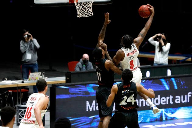 14.02.2021, easyCredit Basketball Bundesliga, BBL, Saison 2020 2021, Herren, Chemnitz Niners - FC Bayern München Basketball Jalen Reynolds, FC Bayern Basketball Chemnitz Messe Chemnitz Sachsen Germany