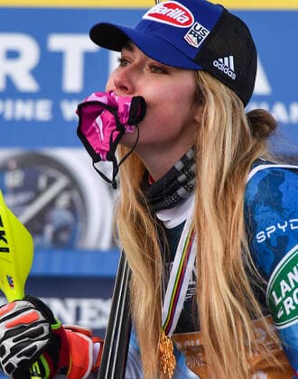 United States s Mikaela Shiffrin eat her mask during 2021 FIS Alpine World SKI Championships - Alpine Combined - Women, alpine ski race in Cortina (BL), Italy, February 15 2021  Copyright: xLiveMedia FrancoxDebernardix xIPx xLiveMediax 0