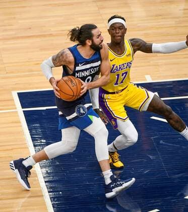 Minnesota Timberwolves guard Ricky Rubio (L) drives past Los Angeles Lakers guard Dennis Schroder (R) during first half of the NBA, Basketball Herren, USA basketball game between the Los Angeles Lakers and the Minnesota Timberwolves at Target Center in Minneapolis, Minnesota, USA, 16 February 2021. Los Angeles Lakers vs. Minnesota Timberwolves !ACHTUNG: NUR REDAKTIONELLE NUTZUNG!  Copyright: xCRAIGxLASSIGx AME6245 20210217-637491276445803906