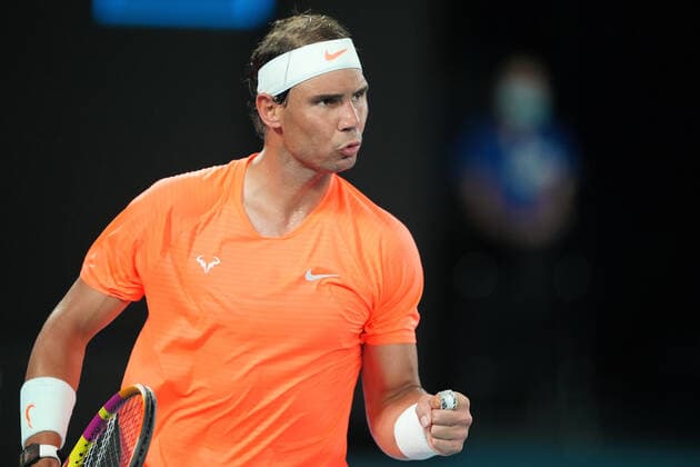 TENNIS AUSTRALIAN OPEN, Rafael Nadal of Spain reacts during his Men s singles quarter finals match against Stefanos Tsitsipas of Greece on Day 10 of the Australian Open at Melbourne Park in Melbourne, Wednesday, February 17, 2021. ( NO ARCHIVING, EDITORIAL USE ONLY, NO USE IN BOOKS WITHOUT CONSENT MELBOURNE VIC AUSTRALIA  Copyright: xDAVExHUNTx 20210217001521177271