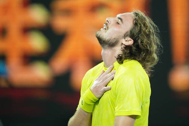 TENNIS AUSTRALIAN OPEN, Stefanos Tsitsipas of Greece reacts after defeating Rafael Nadal of Spain during their Men s singles quarter finals match against on Day 10 of the Australian Open at Melbourne Park in Melbourne, Wednesday, February 17, 2021. ( NO ARCHIVING, EDITORIAL USE ONLY, NO USE IN BOOKS WITHOUT CONSENT MELBOURNE VIC AUSTRALIA  Copyright: xDAVExHUNTx 20210218001521217290