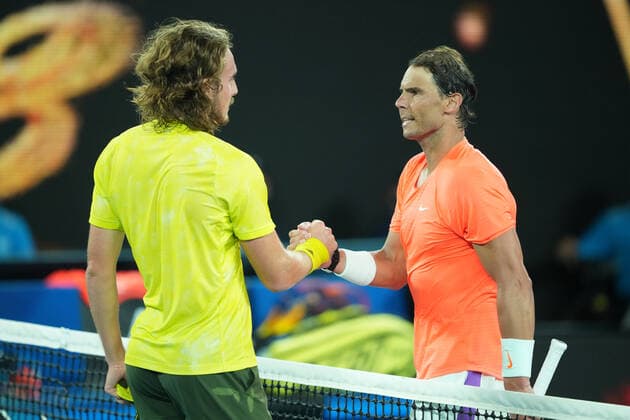 TENNIS AUSTRALIAN OPEN, Stefanos Tsitsipas (left) of Greece shakes hand with Rafael Nadal of Spain after defeating him during their Men s singles quarter finals match on Day 10 of the Australian Open at Melbourne Park in Melbourne, Wednesday, February 17, 2021. ( NO ARCHIVING, EDITORIAL USE ONLY, NO USE IN BOOKS WITHOUT CONSENT MELBOURNE VIC AUSTRALIA  Copyright: xDAVExHUNTx 20210218001521218343