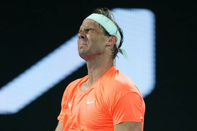 TENNIS AUSTRALIAN OPEN, Rafael Nadal of Spain reacts during his Men s singles quarter finals match against Stefanos Tsitsipas of Greece on Day 10 of the Australian Open at Melbourne Park in Melbourne, Wednesday, February 17, 2021. ( NO ARCHIVING, EDITORIAL USE ONLY, NO USE IN BOOKS WITHOUT CONSENT MELBOURNE VIC AUSTRALIA  Copyright: xDAVExHUNTx 20210218001521227009