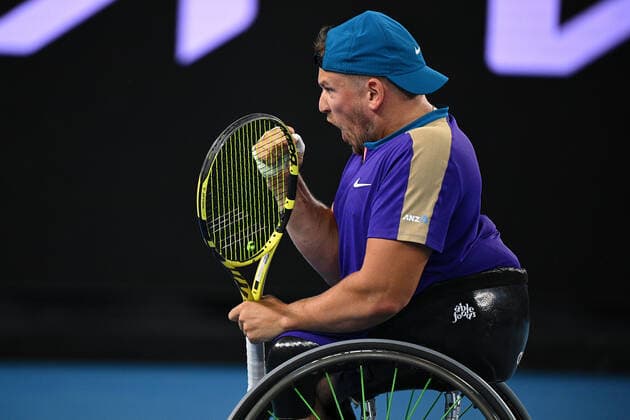 TENNIS AUSTRALIAN OPEN, Dylan Alcott of Australia reacts during his Men?s Quad Wheelchair singles final match against Sam Schroder of the Netherlands on Day 10 of the Australian Open at Melbourne Park in Melbourne, Wednesday, February 17, 2021. ( NO ARCHIVING, EDITORIAL USE ONLY, NO USE IN BOOKS WITHOUT CONSENT MELBOURNE VIC AUSTRALIA  Copyright: xDEANxLEWINSx 20210218001521233536