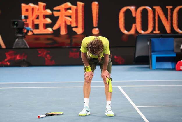 (210217) -- MELBOURNE, Feb. 17, 2021 -- Stefanos Tsitsipas celebrates after winning the men s singles quarterfinal match between Rafael Nadal of Spain and Stefanos Tsitsipas of Greece at Australian Open in Melbourne Park, in Melbourne, Australia, on Feb. 17, 2021. ) (SP)AUSTRALIA-MELBOURNE-TENNIS-AUSTRALIAN OPEN-DAY 10 BaixXuefei 