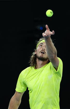 (210217) -- MELBOURNE, Feb. 17, 2021 -- Stefanos Tsitsipas serves during the men s singles quarterfinal match between Rafael Nadal of Spain and Stefanos Tsitsipas of Greece at Australian Open in Melbourne Park, in Melbourne, Australia, on Feb. 17, 2021. ) (SP)AUSTRALIA-MELBOURNE-TENNIS-AUSTRALIAN OPEN-DAY 10 BaixXuefei 