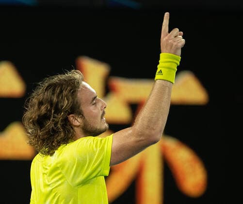 (210217) -- MELBOURNE, Feb. 17, 2021 -- Stefanos Tsitsipas celebrates after winning the men s singles quarterfinal match between Rafael Nadal of Spain and Stefanos Tsitsipas of Greece at Australian Open in Melbourne Park, in Melbourne, Australia, on Feb. 17, 2021. (Photo by Xinhua) (SP)AUSTRALIA-MELBOURNE-TENNIS-AUSTRALIAN OPEN-DAY 10 HuxJingchen 