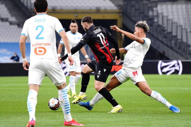 Amine Gouiri (OGC Nice) - Boubacar Kamara (Olympique de Marseille) FOOTBALL : Olympique de Marseille vs OGC Nice - Ligue 1 Uber Eats - Marseille - 17 02 2021 NorbertScanella PanoramiC 