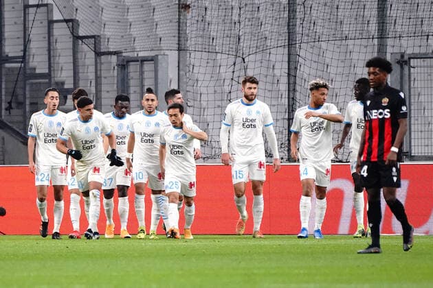Joie - Alvaro Gonzalez (Olympique de Marseille) - Dimitri Payet (Olympique de Marseille) - Pape Gueye (Olympique de Marseille) FOOTBALL : Olympique de Marseille vs OGC Nice - Ligue 1 Uber Eats - Marseille - 17 02 2021 NorbertScanella PanoramiC 