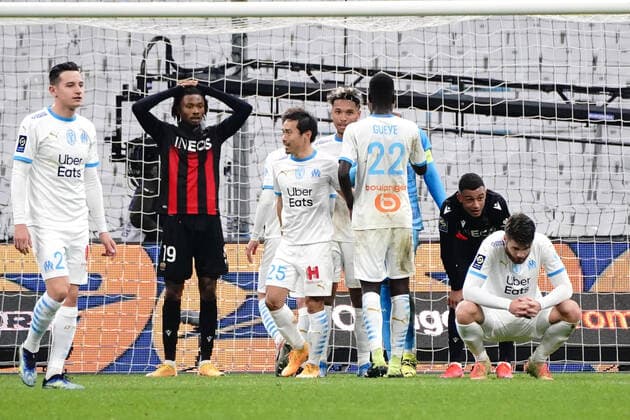 Deception - Khephren Thuram (OGC Nice) - Valentin Rongier (Olympique de Marseille) - Pape Gueye (Olympique de Marseille) - Duje Caleta Car (Olympique de Marseille) FOOTBALL : Olympique de Marseille vs OGC Nice - Ligue 1 Uber Eats - Marseille - 17 02 2021 NorbertScanella PanoramiC 
