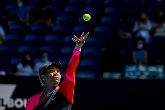 MELBOURNE, VIC - FEBRUARY 18: Serena Williams of the United States of America serves the ball during the semifinals of the 2021 Australian Open on February 18, 2021, at Melbourne Park in Melbourne, Australia. (Photo by Jason Heidrich Icon Sportswire) TENNIS: FEB 18 Australian Open Icon21021806711