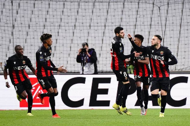 Joie - Amine Gouiri (OGC Nice) - Pierre Lees Melou (OGC Nice) - Robson Bambu (OGC Nice) FOOTBALL : Olympique de Marseille vs OGC Nice - Ligue 1 Uber Eats - Marseille - 17 02 2021 NorbertScanella PanoramiC 