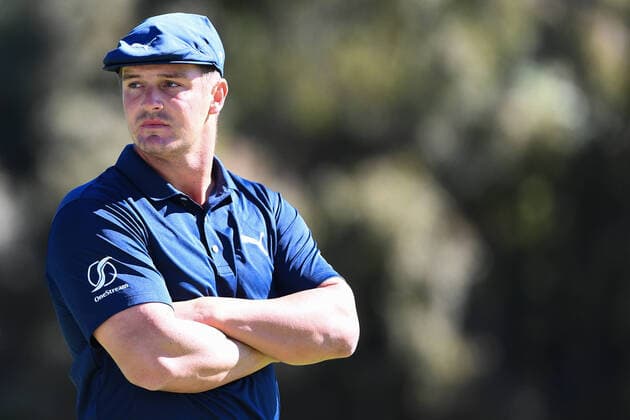PACIFIC PALISADES, CA - FEBRUARY 18: Bryson DeChambeau looks on during the first round of The Genesis Invitational golf tournament at the Riviera Country Club in Pacific Palisades, CA on February 18, 2021. The tournament was played without fans due to the COVID-19 pandemic.(Photo by Brian Rothmuller Icon Sportswire) GOLF: FEB 18 PGA, Golf Herren - The Genesis Invitational Icon210218016