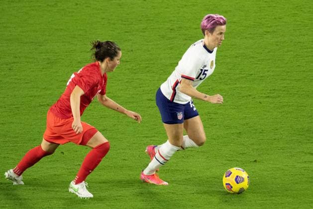 Orlando, Florida, Feb 18th 2021: Megan Rapinoe ( 15 United States) goes up the field during the She Believes Cup match between United States and Canada at Exploria Stadium in Orlando, Florida. Andrea Vilchez SPP She Believes Cup - United States v Canada 