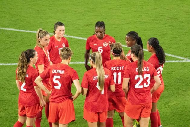 Orlando, Florida, Feb 18th 2021: Canada players discuss during a break during the She Believes Cup match between United States and Canada at Exploria Stadium in Orlando, Florida. Andrea Vilchez SPP She Believes Cup - United States v Canada 
