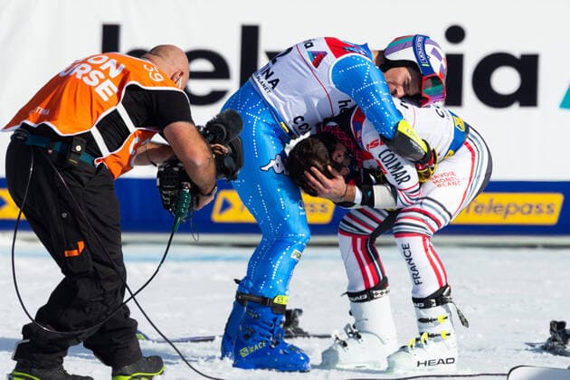 Bilder des Jahres 2021, Sport 02 Februar Sport Themen der Woche KW07 February 19, 2021, Cortina (BL, Italy: Cortina (BL), Italy, Labirinti, February 19, 2021, Luca De Aliprandini (ITA) and Mathieu Faivre (FRA) celebrate after the race during 2021 FIS Alpine World SKI Championships - Giant Slalom - Men - alpine ski race alpine ski race - 2021 FIS Alpine World SKI Championships - Giant Slalom - Men, cortina (bl), Italy  - ZUMAl164 20210219_zsa_l164_187 Copyright: xFrancescoxScaccianocex