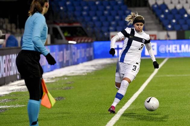 Tuija Hyyrynen of Finland vies the ball during the UEFA Women s EURO Group E qualifier football match Finland vs Portugal in Helsinki, Finland on February 19, 2021. Helsinki Finland LKFTJK20210219193343VXCO  Copyright: xEmmixKorhonenx