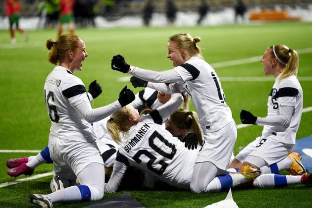 Players of team Finland celebrate a goal by Linda Sällström during the UEFA Women s EURO Group E qualifier football match Finland vs Portugal in Helsinki, Finland on February 19, 2021. Helsinki Finland LKFTJK20210219200448OJPX  Copyright: xEmmixKorhonenx