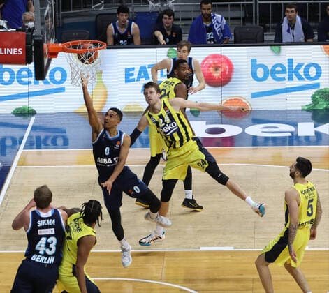Jan Vesely (R) of Fenerbahce and Maodo Lo (L) of Alba Berlin during the Turkish Airlines Euroleague basketball match between Fenerbahce Beko and Alba Berlin at Ulker arena in Istanbul , Turkey on February 19 , 2021. 