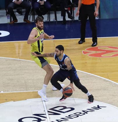 Jan Vesely (24) , Dyshawn Pierre (21) of Fenerbahce and Ben Lammers (50) , Malte Delow (6) of Alba Berlin during the Turkish Airlines Euroleague basketball match between Fenerbahce Beko and Alba Berlin at Ulker arena in Istanbul , Turkey on February 19 , 2021. 