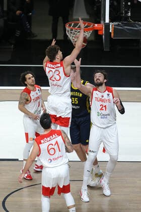 Alperen Sengul (23) , Sertac Sanli (21) of Turkey and Simon Birgander (35) of Sweden FIBA Eurobasket Qualifiers Group D match between Turkey and Sweden at Besiktas Akatlar Arena in Istanbul , Turkey on February 20 , 2021. 