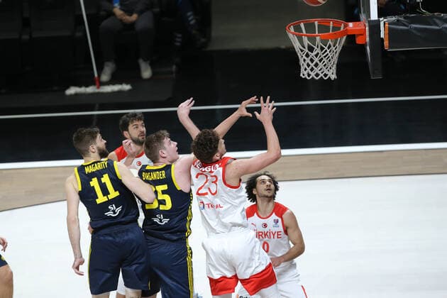 Alperen Sengun (23) , Shane Larkin of Turkey and William Magarity (11) , Simon Birgander (35) of Sweden FIBA Eurobasket Qualifiers Group D match between Turkey and Sweden at Besiktas Akatlar Arena in Istanbul , Turkey on February 20 , 2021. 