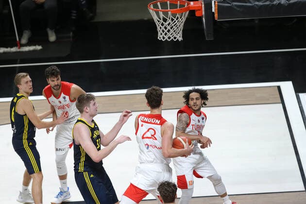 Alperen Sengun (23) , Shane Larkin of Turkey and Simon Birgander (35) of Sweden FIBA Eurobasket Qualifiers Group D match between Turkey and Sweden at Besiktas Akatlar Arena in Istanbul , Turkey on February 20 , 2021. 