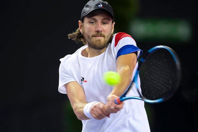 entrainement de Lucas Pouille (Fra) TENNIS : Tirage au Sort - Open Sud de France 2021 - Montpellier - 20 02 2021 JBAutissier Panoramic 