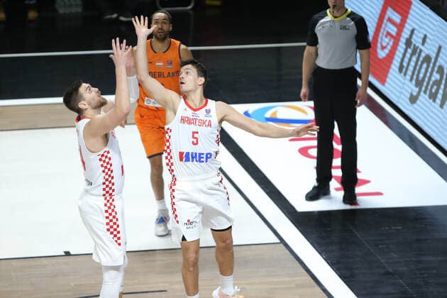 Basketball, EM Quali, Kroatien - Niederlande Marin Marin (L) and Filip Kruslin (5) of Croatia during the FIBA Eurobasket Qualifiers Group D match between Croatia and Netherlands at Besiktas Akatlar Arena in Istanbul , Turkey on February 20 , 2021. 