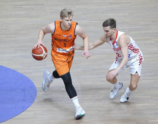 Basketball, EM Quali, Kroatien - Niederlande Goran Filipovic (R) of Croatia and Keye van der Vuurst de Vries (L) of Netherlands during the FIBA Eurobasket Qualifiers Group D match between Croatia and Netherlands at Besiktas Akatlar Arena in Istanbul , Turkey on February 20 , 2021. 