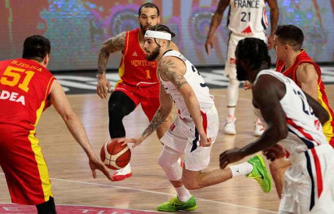 20.02.2021 Podgorica Montenegro-France Eurobasket qualifiers men s basketball Isaia Cordinier (C) France,Justin Cobbs(behind) Montenegro :Str
