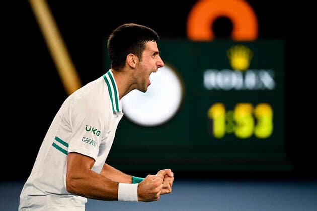 TENNIS AUSTRALIAN OPEN, Novak Djokovic of Serbia celebrates after winning his Men s singles finals match against Daniil Medvedev of Russia on Day 14 of the Australian Open at Melbourne Park in Melbourne, Sunday, February 21, 2021. ( NO ARCHIVING, EDITORIAL USE ONLY, NO USE IN BOOKS WITHOUT CONSENT MELBOURNE VIC AUSTRALIA  Copyright: xDEANxLEWINSx 20210221001522082932