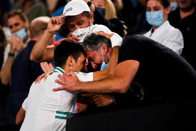 TENNIS AUSTRALIAN OPEN, Novak Djokovic of Serbia is congratulated by coach Goran Ivanisevic after winning his Men s singles finals match against Daniil Medvedev of Russia on Day 14 of the Australian Open at Melbourne Park in Melbourne, Sunday, February 21, 2021. ( NO ARCHIVING, EDITORIAL USE ONLY, NO USE IN BOOKS WITHOUT CONSENT MELBOURNE VIC AUSTRALIA  Copyright: xDAVExHUNTx 20210221001522086856