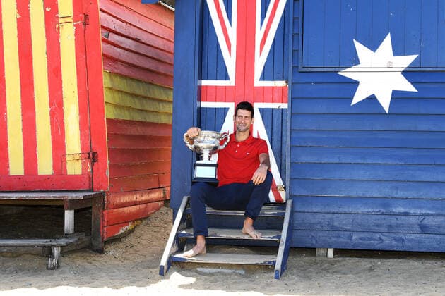 TENNIS AUSTRALIAN OPEN, Novak Djokovic of Serbia poses for photographs on Brighton Beach with the Norman Brookes Challenge Cup following his Men s singles finals win against Daniil Medvedev of Russia at the Australian Open in Melbourne, Monday, February 22, 2021. ( NO ARCHIVING, EDITORIAL USE ONLY, NO USE IN BOOKS WITHOUT CONSENT MELBOURNE VIC AUSTRALIA  Copyright: xDAVExHUNTx 20210222001522311498