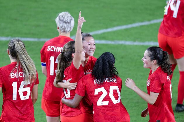 Fußball, Damen Länderspiel, SheBelieves Cup, Argentinien - Kanada February 21, 2021: Canada teammates celebrate after scoring a goal during the SheBelieves Cup Argentina vs Canada match at Exploria Stadium in Orlando, Fl on February 21, 2021. - ZUMAk149 20210221_zsp_k149_106 Copyright: xCoryxKnowltonx