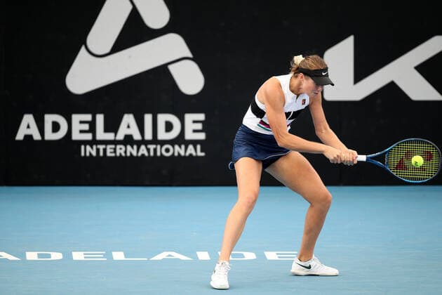 ADELAIDE, AUSTRALIA - FEBRUARY 22: Olivia Gadecki of Australiahits a backhand against Qiang Wang of China during their singles match on day one of the Adelaide International tennis tournament at Memorial Drive on February 22, 2021 in Adelaide, Australia. (Photo by Peter Mundy Speed Media Icon Sportswire) TENNIS: FEB 22 - Adelaide International Icon210222076