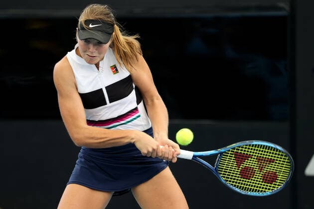 ADELAIDE, AUSTRALIA - FEBRUARY 22: Olivia Gadecki of Australia hits a backhand against Qiang Wang of China during their singles match on day one of the Adelaide International tennis tournament at Memorial Drive on February 22, 2021 in Adelaide, Australia. (Photo by Peter Mundy Speed Media Icon Sportswire) TENNIS: FEB 22 - Adelaide International Icon210222099