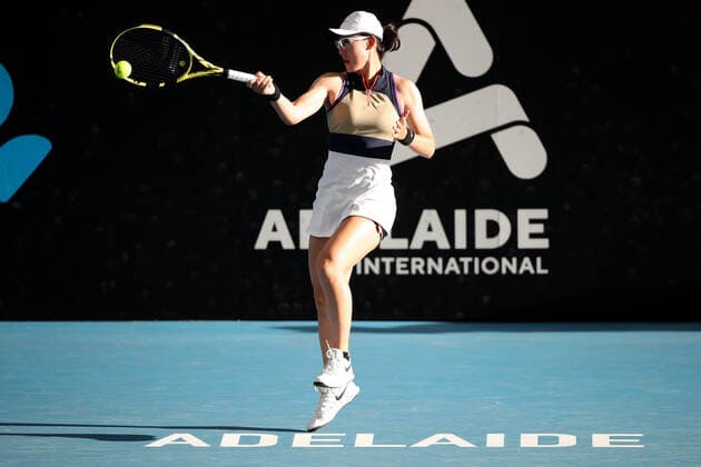 ADELAIDE, AUSTRALIA - FEBRUARY 22: Saisai Zheng of China plays a forehand against Danielle Collins of United States during their singles match on day one of the Adelaide International tennis tournament at Memorial Drive on February 22, 2021 in Adelaide, Australia. (Photo by Peter Mundy Speed Media Icon Sportswire) TENNIS: FEB 22 - Adelaide International Icon210222150