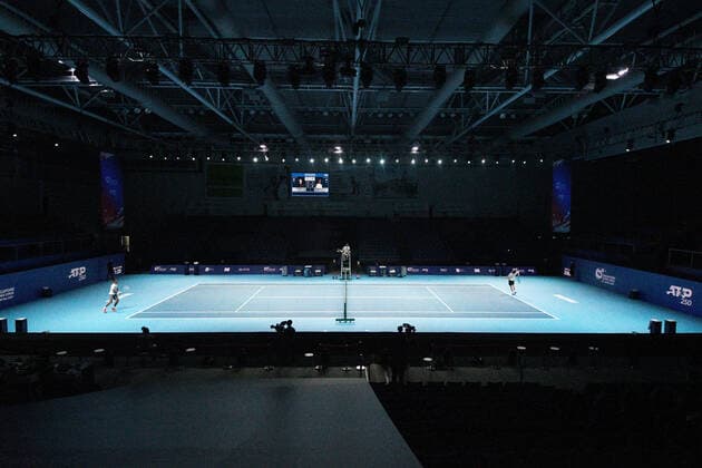 (210222) -- SINGAPORE, Feb. 22, 2021 -- Japan s Daniel Taro (R) serves during the men s singles first round match between Japan s Daniel Taro and India s Ramkumar Ramanathan at the Singapore Tennis Open in Singapore, Feb. 22, 2021. (Photo by Xinhua) (SP)SINGAPORE-TENNIS-SINGAPORE OPEN-MEN S SINGLES ThenxChihxWey 